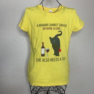 Fruit Of The Loom Yellow Wine And Cat  Funny T-Shirt